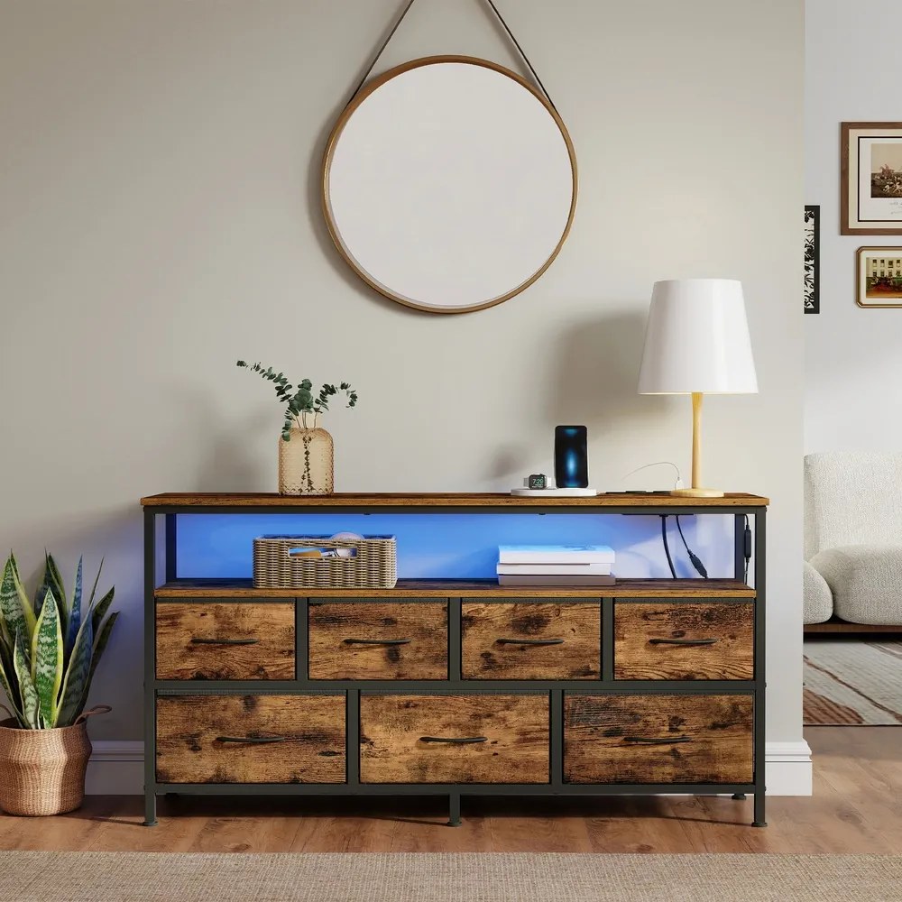 Cómoda com gavetas e iluminação LED 30 x 113,8 x 68,1 cm castanho-preto