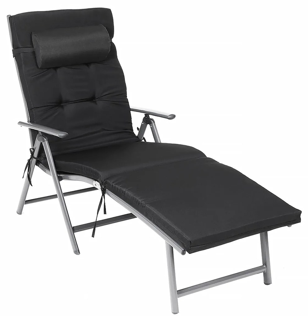 Espreguiçadeira Dobrável SONGMICS, Espreguiçadeira com Colchão de 6 cm, Apoio de Cabeça Removível, Alumínio Antiferrugem, Respirável, Confortável, Reclinável, Capacidade Máxima de Carga 150 kg, Preta GCB24BK