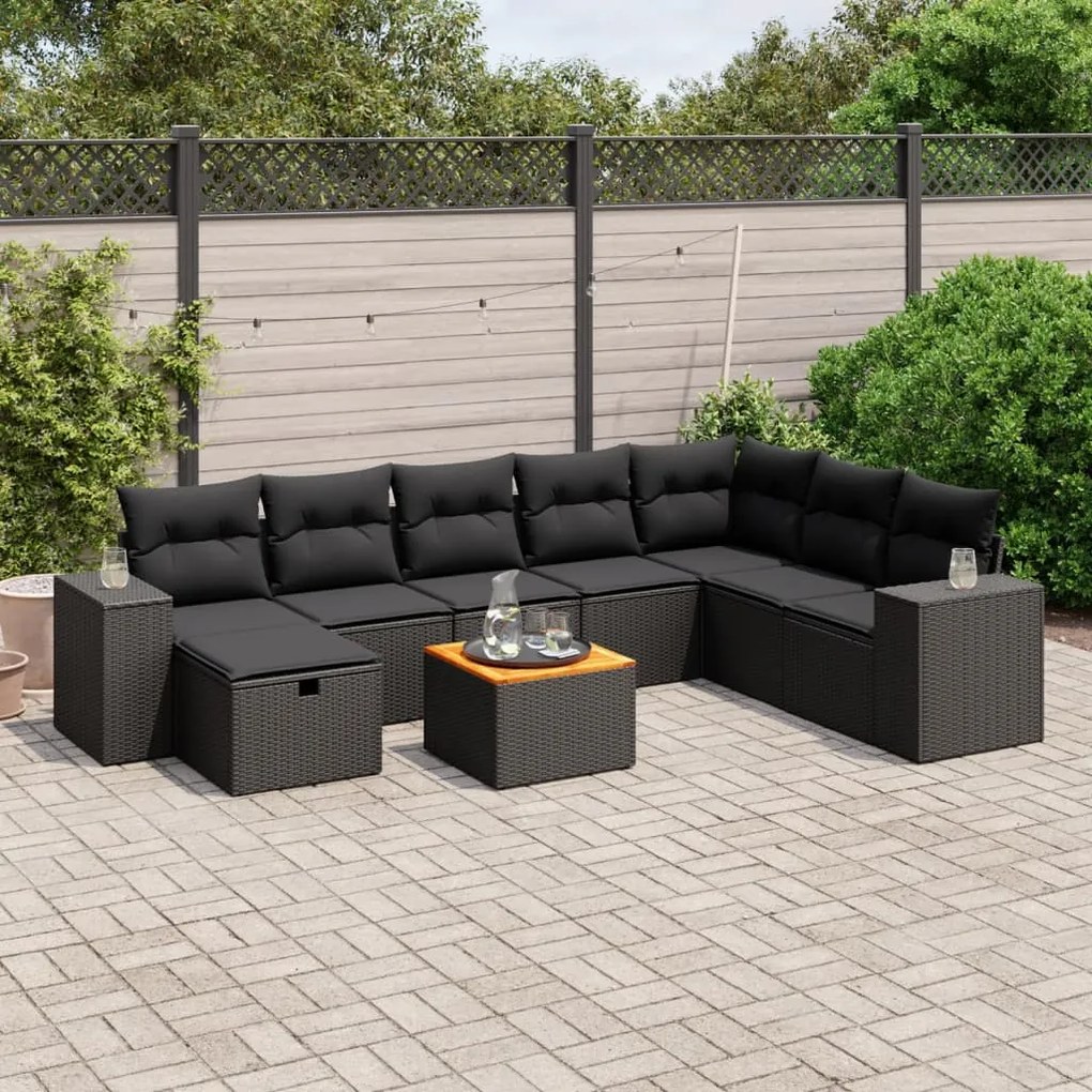 9 pcs conjunto de sofás p/ jardim c/ almofadões vime PE preto