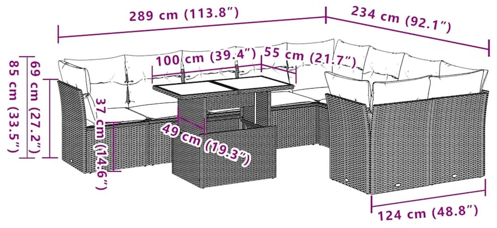 10 pcs conjunto sofás de jardim c/ almofadões vime PE preto