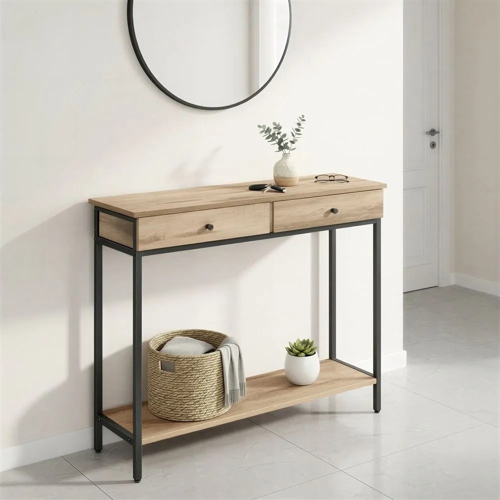 Mesa consola com 2 gavetas 30 x 100 x 80 cm castanho camelo-Preto