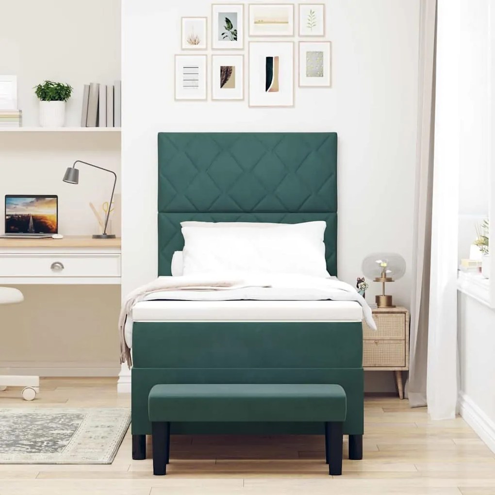 Cama Box com Colchão e Banco Verde Escuro 100x200 cm Veludo
