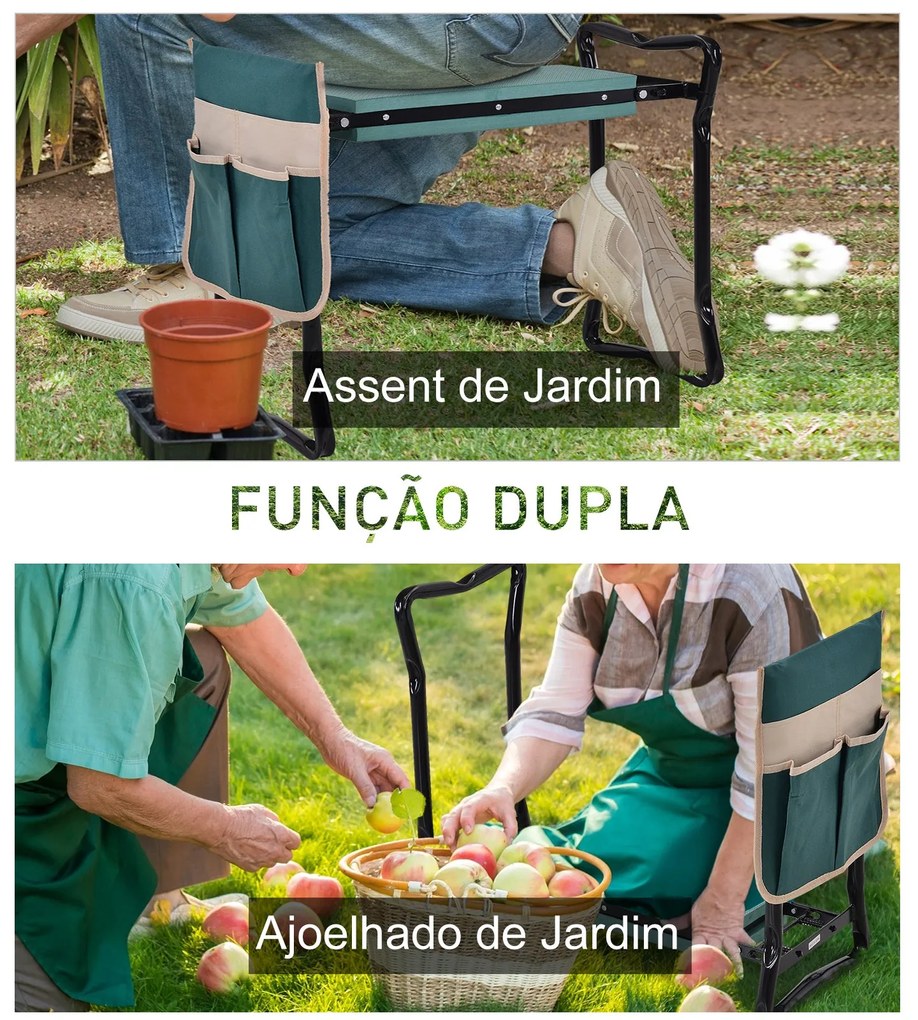 Outsunny Banco de Jardim Dobrável com Bolsa para Ferramentas Almofada