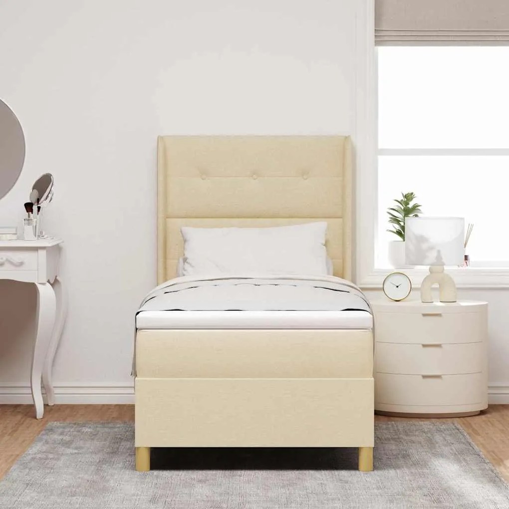 Cama Box Spring com Colchão e LED Creme 100x200 cm Tecido