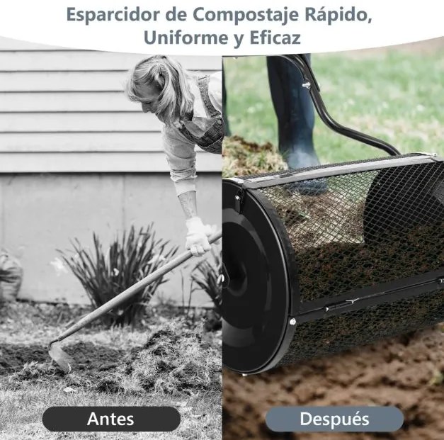 Rolo Espalhador de jardim metálico com trincos laterais melhorados e pega em forma de U para relvados de jardim 68 x 41 x 123 cm Preto