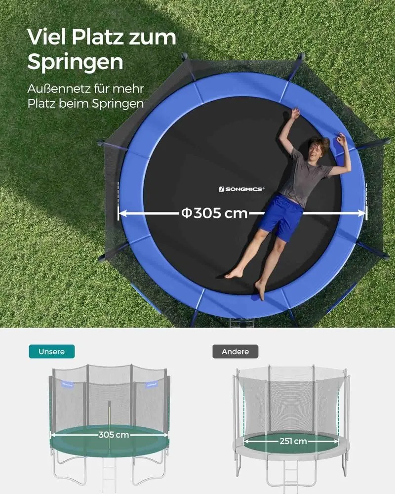 Trampolim para crianças Ø 305 cm com rede seguarança preto-azul