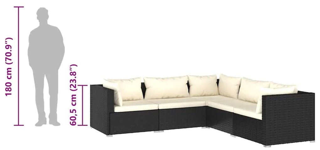 5 pcs conjunto lounge de jardim c/ almofadões vime PE preto