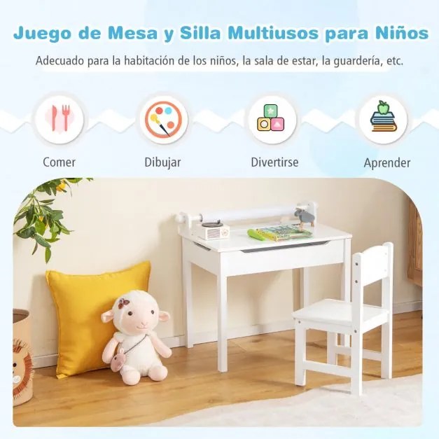 Conjunto de mesa e cadeira para crianças Mesa de actividades para crianças com arrumação e suporte para rolos de papel para desenhar, estudar e brinca