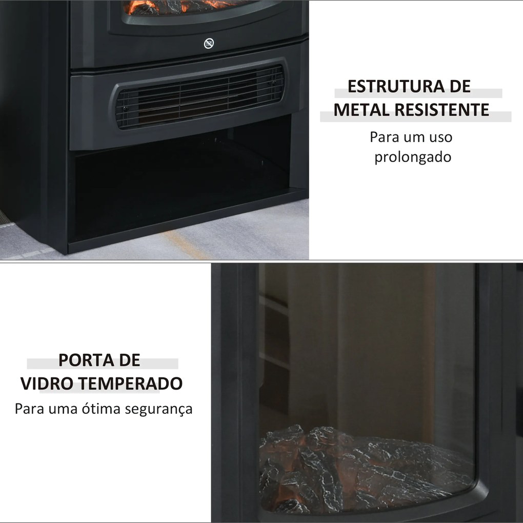 HOMCOM Lareira Elétrica Potência de 2 Níveis 1000W ou 2000W com Efeito de Chama Termostato e Proteção contra Superaquecimento até 25m² 44,5x32,1x74cm Preto