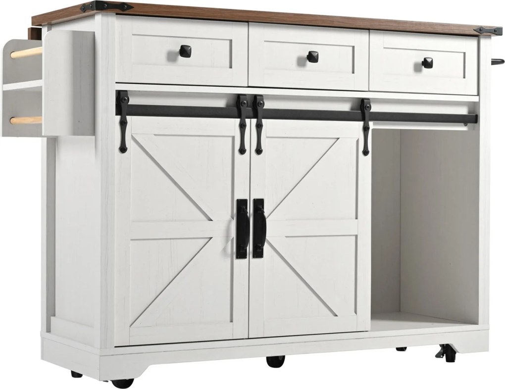 Ilha de cozinha com tampo rebatível, carrinho de serviço sobre rodas com 2 portas deslizantes e 3 gavetas, 140x45/73x94 cm, Bege