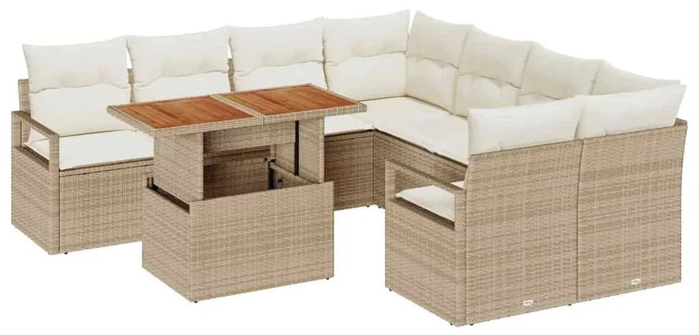 Conjunto de Sofá de Jardim 9 Peças com Almofadas Bege em Rattan