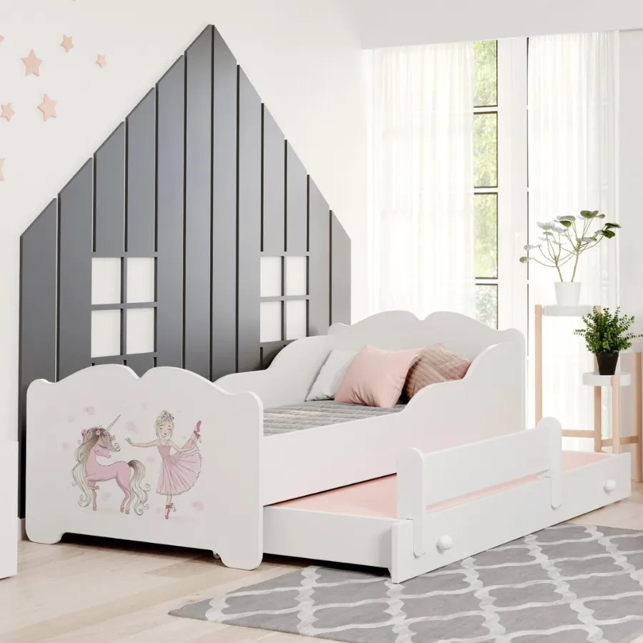 Cama dupla infantil ANNA 160x80 branca - unicórnio e princesa - colchão e estrado incluído