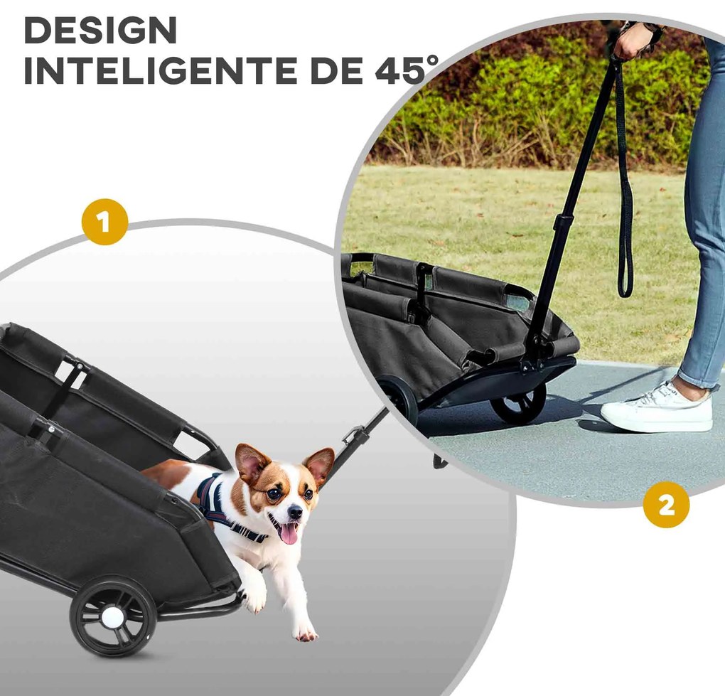 Carrinho para Cães Dobrável Carrinho para Cães Miniatura com Barra de Empurre Ajustável Desenho Aberto 53x45x28 cm Preto