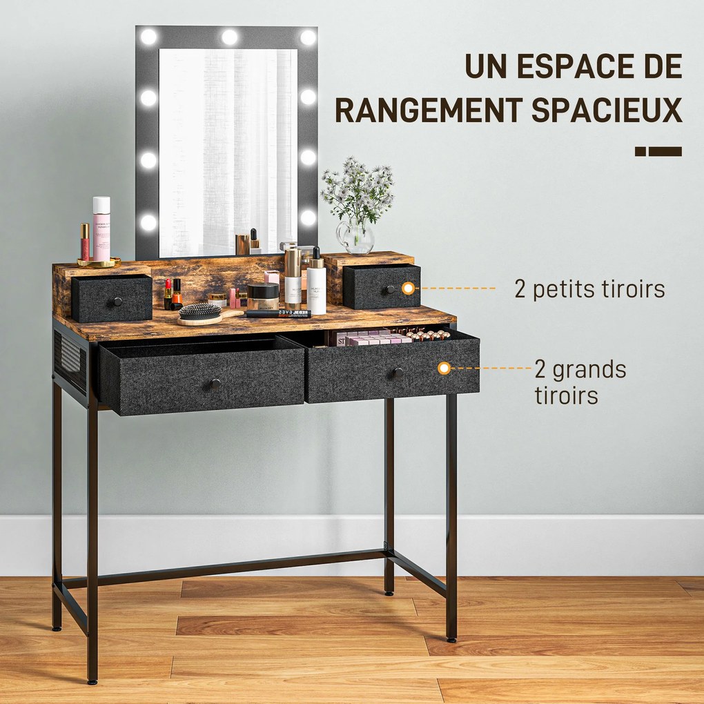 Toucador com espelho LED ajustável integrado 90 x 40 x 148 cm base em metal preto - 4 gavetas forradas a tecido castanho rústico