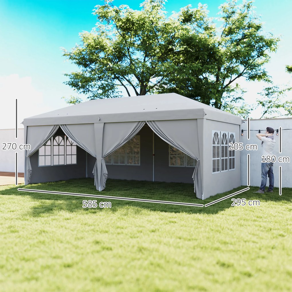 Tenda dobrável tipo barnum pop-up 6 x 3 x 2,7 m, 4 paredes laterais amovíveis, 4 janelas, saco de transporte cinzento claro