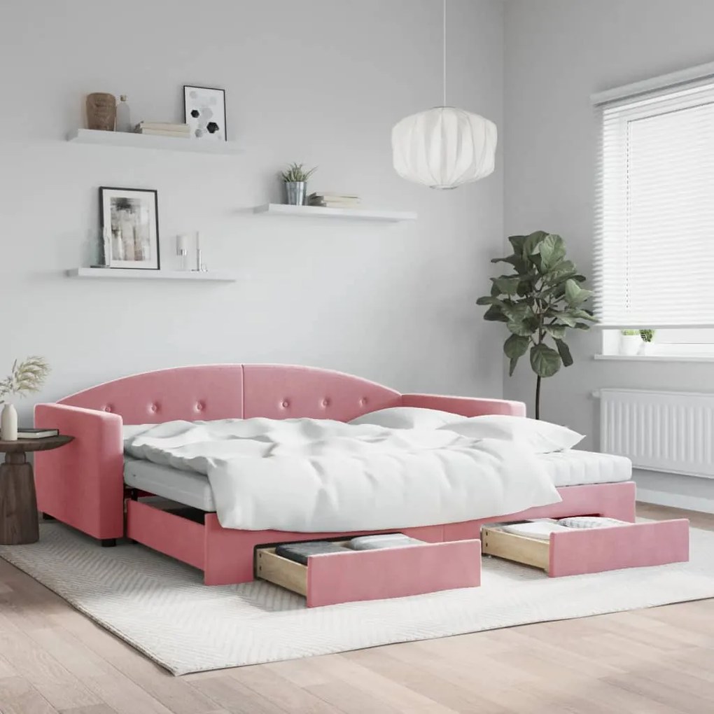 vidaXL Sofá-cama com gavetão e gavetas 100x200 cm veludo rosa