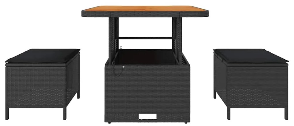 Conjunto de Jantar de Jardim 3 Peças com Almofadas Preto Rattan Sintét