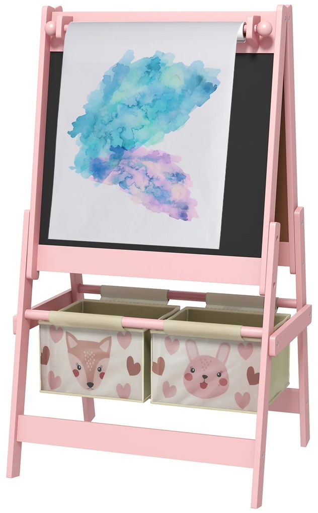 AIYAPLAY Cavalete Infantil 3 em 1 Arte com Rolo Papel Quadro 2 Cestas Armazenamento Educativo 54x46,5x93 cm Rosa