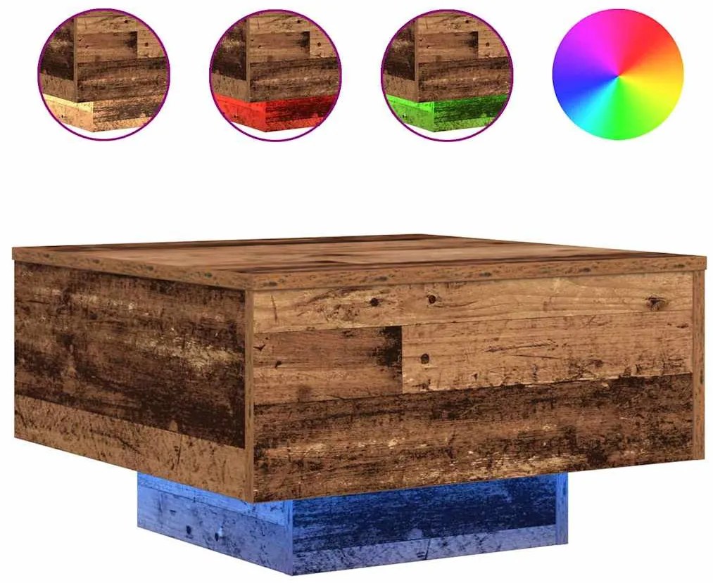 Mesa de centro vidaXL com luzes LED em madeira velha 55x55x31 cm