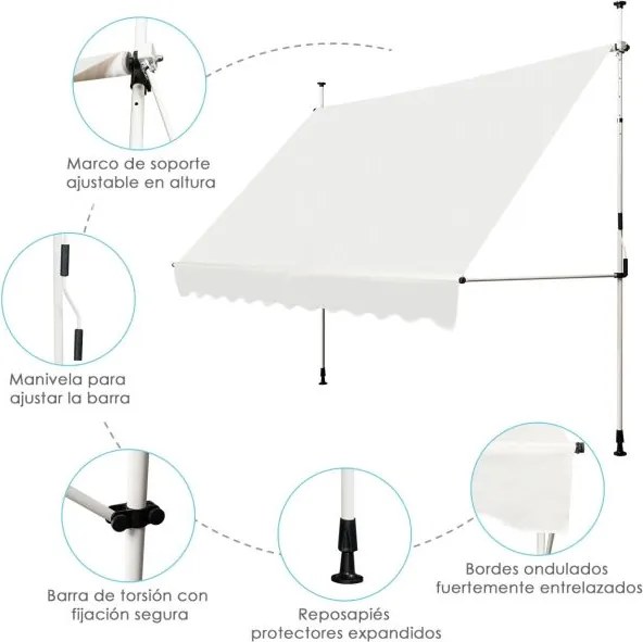 Toldo telescópico e retrátil 300 x 120 cm resistente aos raios UV impermeável com manivela manual e altura ajustável para janela varanda bege