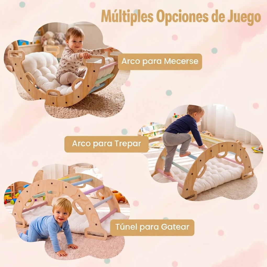 Arco de escalada 3 em 1 bebés Montessori em madeira com almofada e baloiço para interior, a partir de 1 ano, 81 x 48,5 x 38,5 cm, Macron