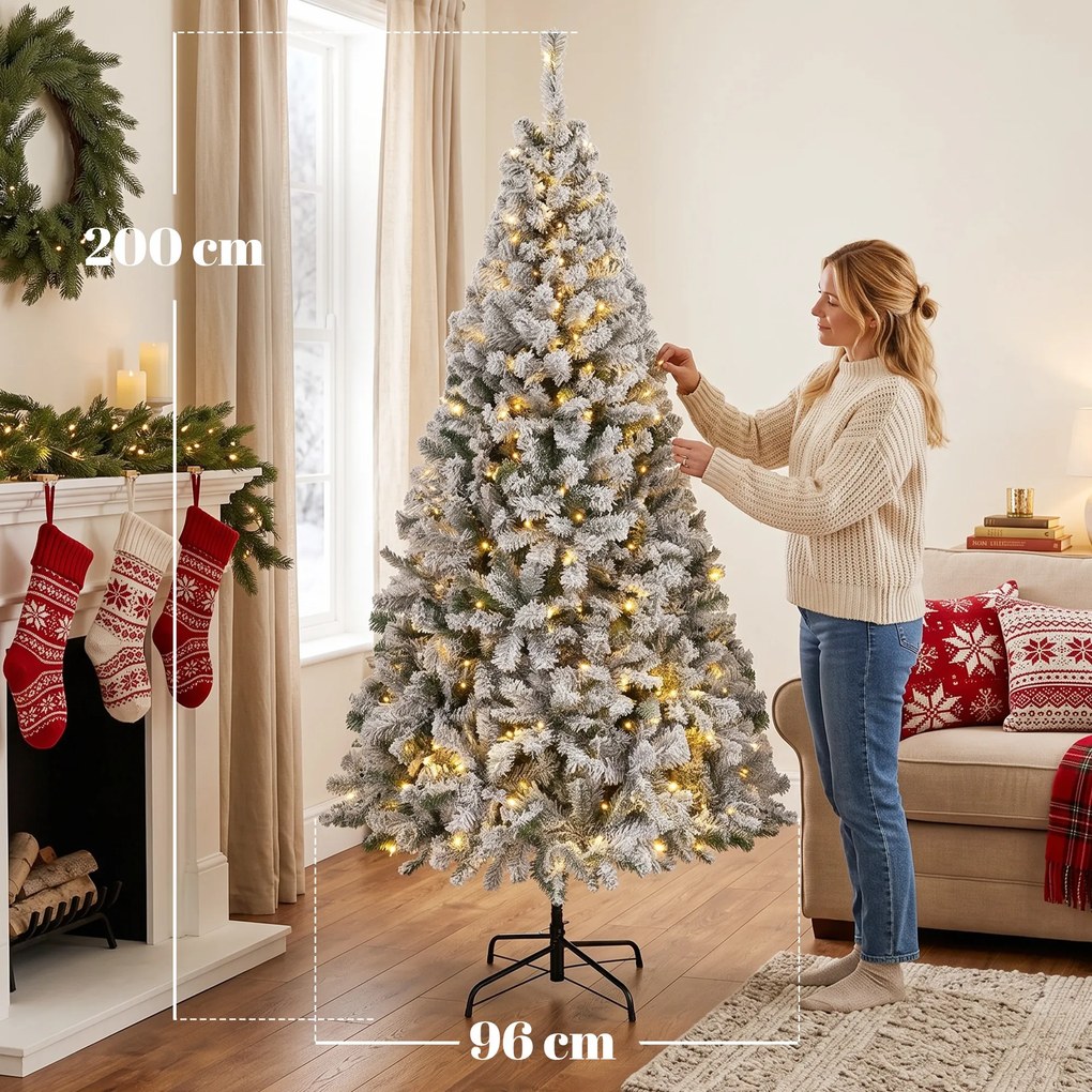 Árvore de Natal nevada com luzes LED 200 cm, abeto Fraser, ramos articulados, base metálica dobrável, verde e branco