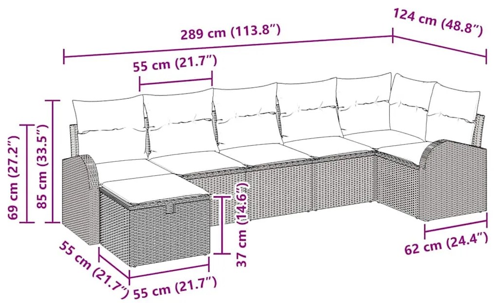 Conjunto de Sofás de Jardim 7 Peças com Almofadas Preto Rattan