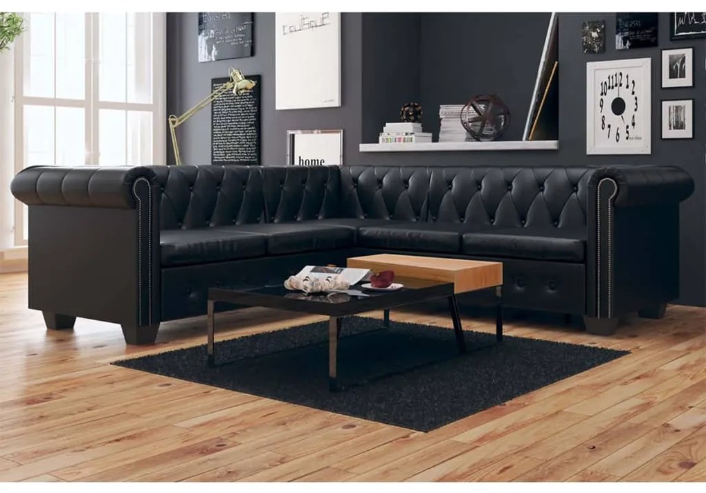 vidaXL Sofá de canto Chesterfield 5 lugares couro artificial preto