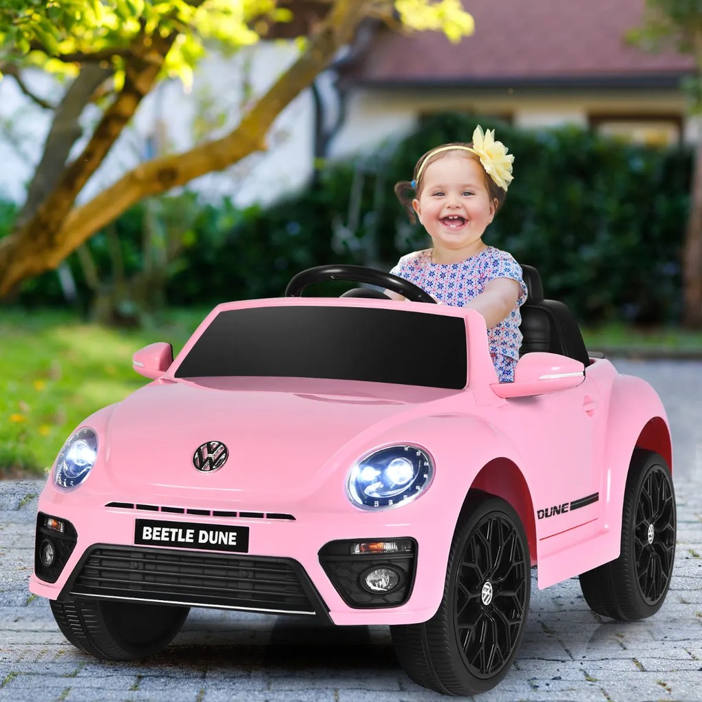 Carro elétrico para crianças bateria 12V Volkswagen Beetle com luzes de controlo remoto e musica 95 x 56 x 47 cm Rosa