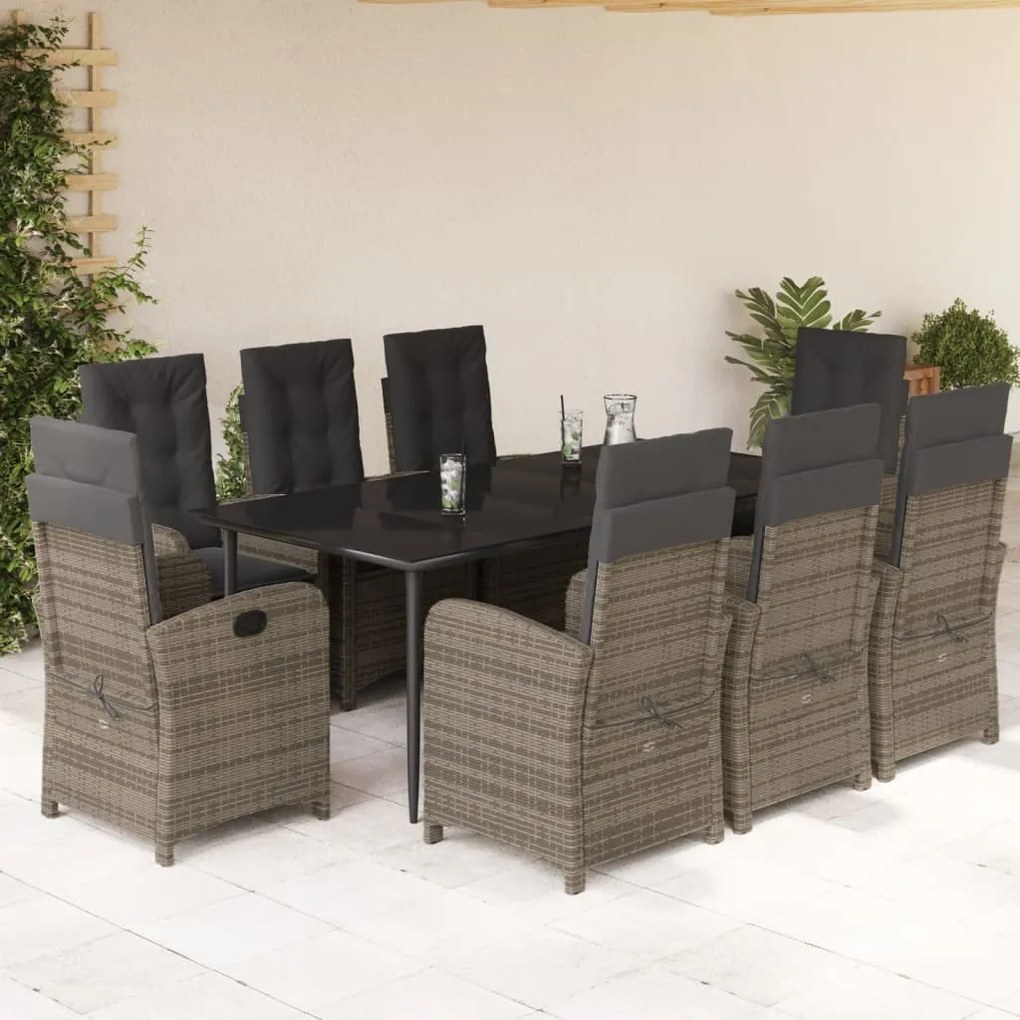 9 pcs conjunto de jantar p/ jardim c/ almofadões vime PE cinza