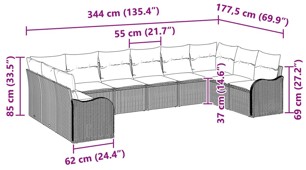 Conjunto de Sofá de Jardim vidaXL 10 Peças com Almofadas Cinzento Ratt