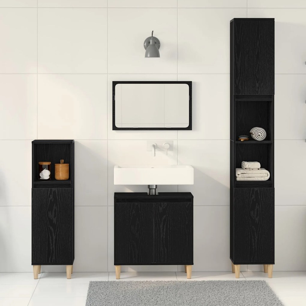 Conjunto de Móveis de Casa de Banho 3 Peças Carvalho Preto Madeira Eng