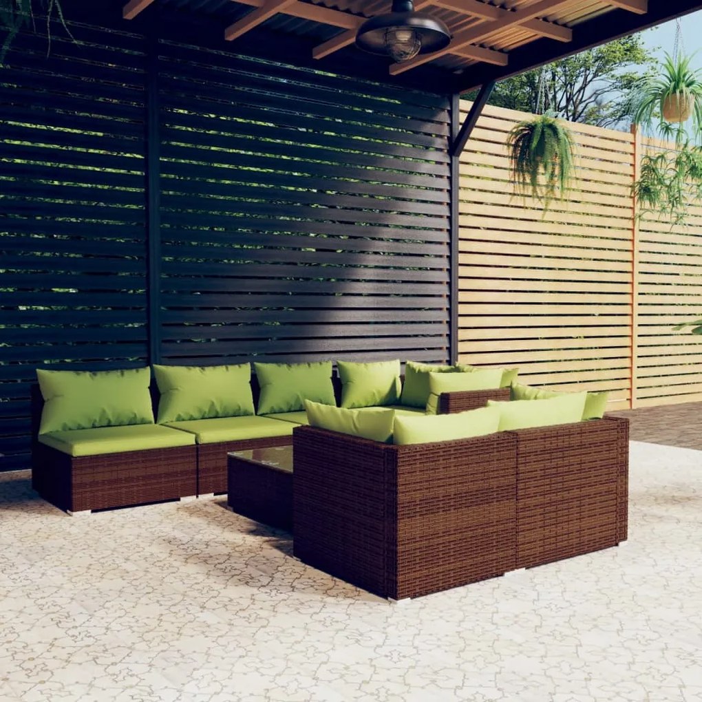 vidaXL 8 pcs conjunto lounge jardim c/ almofadões vime PE castanho