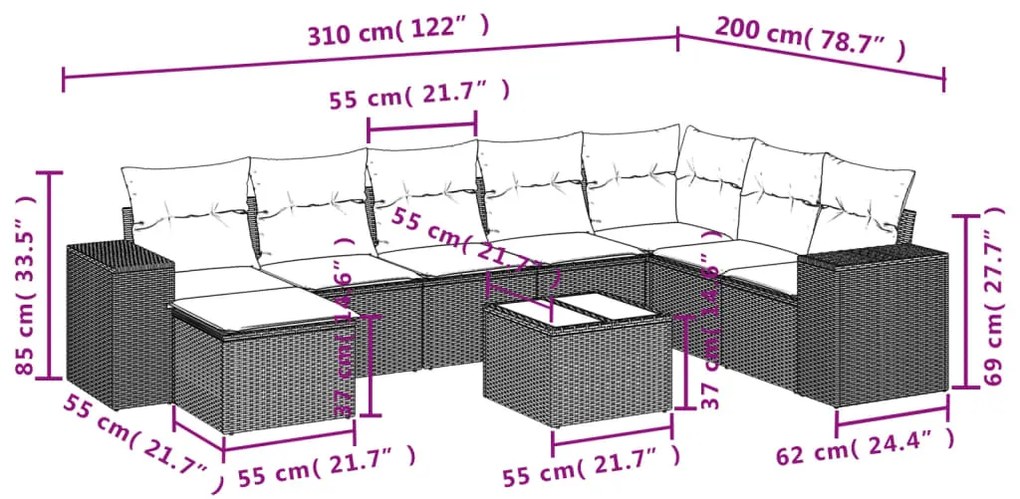 9 pcs conjunto de sofás p/ jardim com almofadões vime PE bege