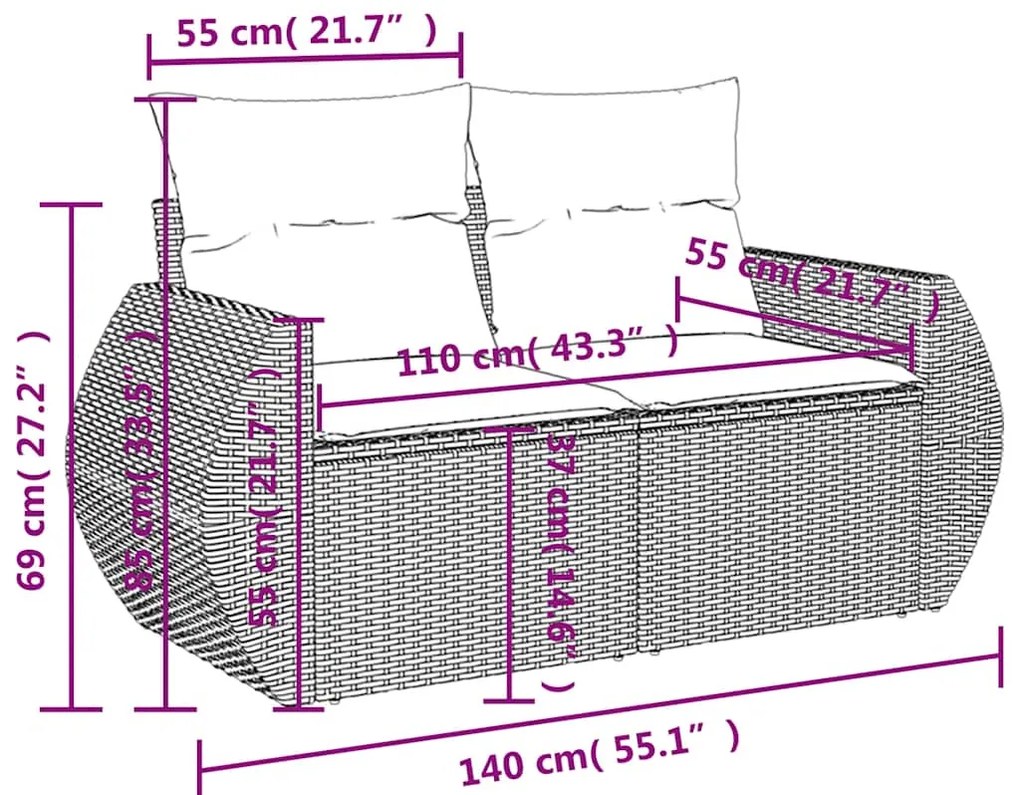 4 pcs conj. sofás jardim c/ almofadões vime PE cinzento-claro