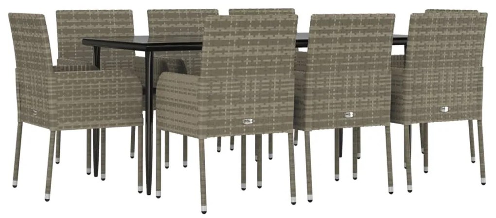 9 pcs conjunto jantar jardim c/ almofadões vime PE preto/cinza