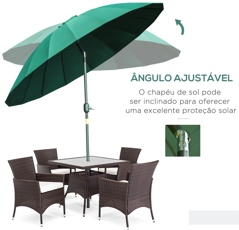 Chapéu de Sol de Jardim Ø2,5x2,4 m com Manivela Manual Mastro Flexível Impermeável e 18 Hastes para Exterior Verde