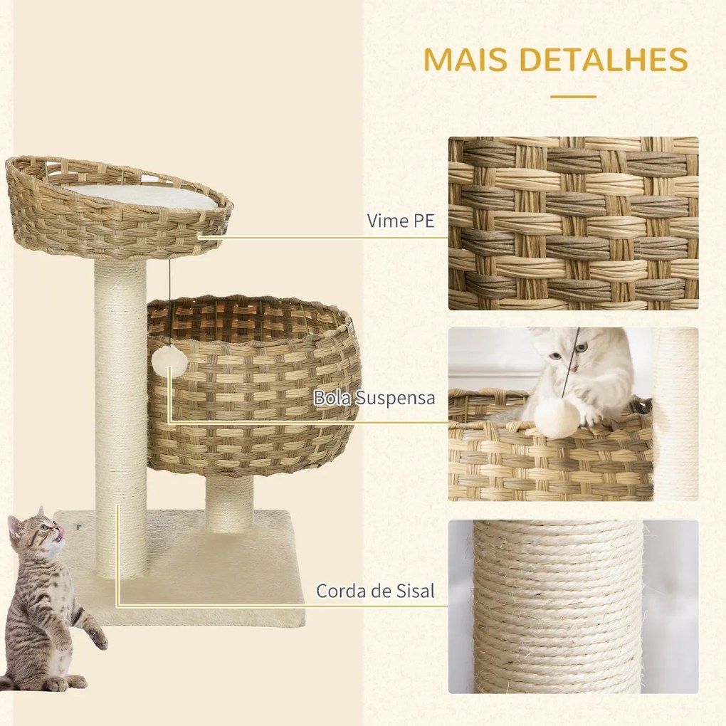 Árvore para Gatos Médios com Cama Superior Cesto de Vime Sintético com Almofadas Postes Arranhadores de Sisal Natural e Bola Suspensa de Brinquedo 54x