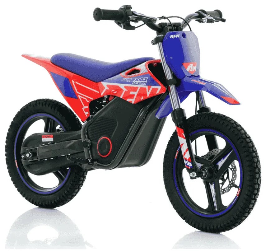 Mini moto elétrica para crianças velocidade até 30Km/h C/Limitador RFN Warrior SX-E350 14/14” 350W Vermelho e Azul Celeste