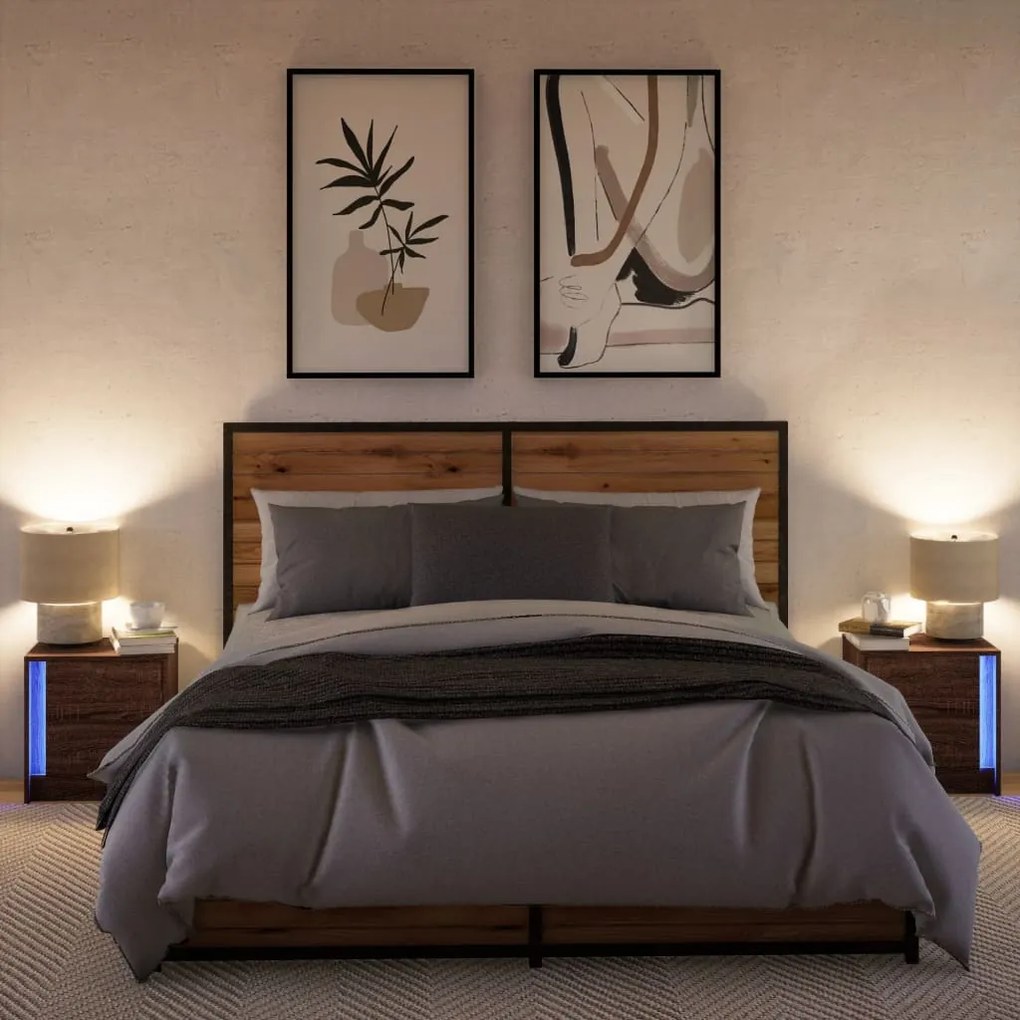 Mesas cabeceira LEDs 2 pcs derivados madeira carvalho castanho