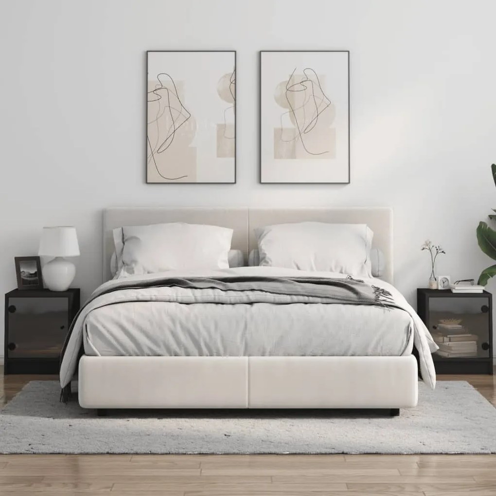 Mesas de cabeceira c/ portas de vidro 2 pcs 35x37x42 cm preto