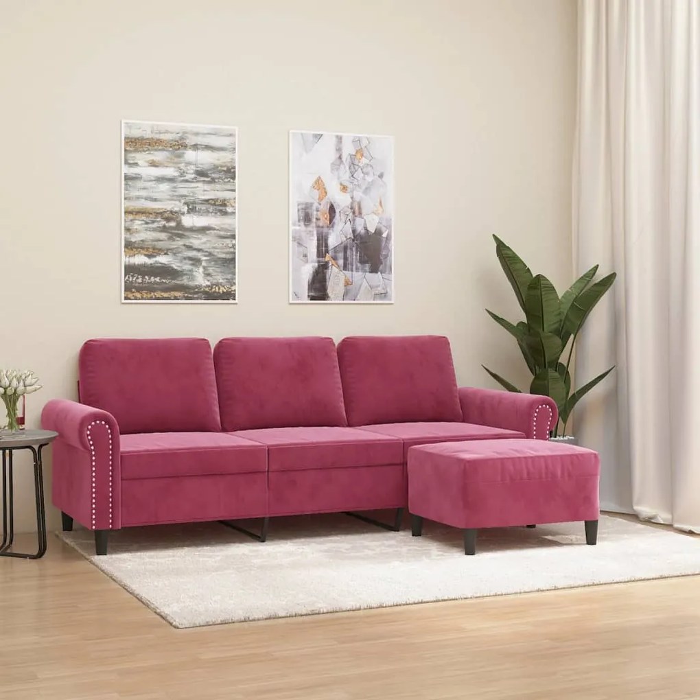 Sofá de 3 lugares com apoio de pés 180 cm veludo vermelho tinto