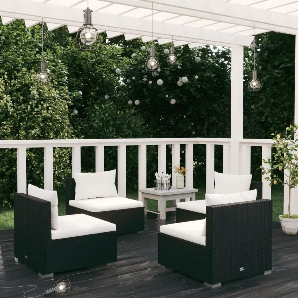 vidaXL 4 pcs conjunto lounge de jardim c/ almofadões vime PE preto