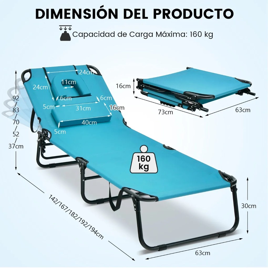 Espreguiçadeira dobrável com 3 almofadas amovíveis e encosto ajustável em 5 posições Espreguiçadeira de jardim exterior para terraço de piscina Turque