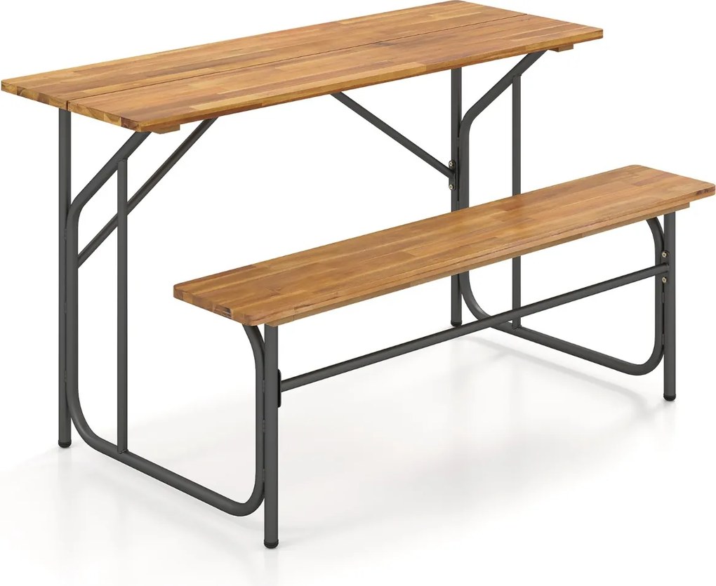 Conjunto jardim 2 Pessoas Mesa de Piquenique Unilateral com banco 2 Lugares Madeira Acacia e Pernas de Metal Natural
