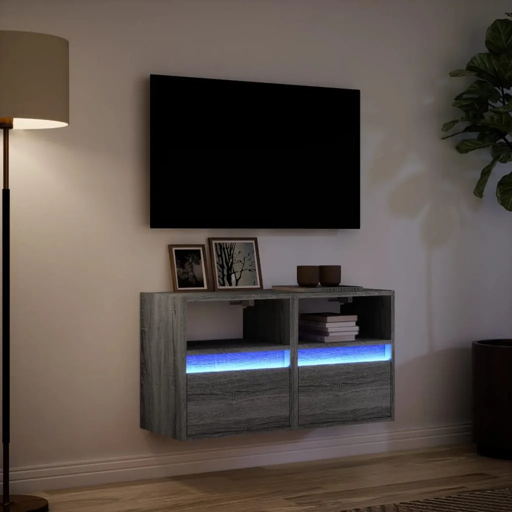 Móveis de parede para TV com luzes LED 2 pcs cinzento sonoma