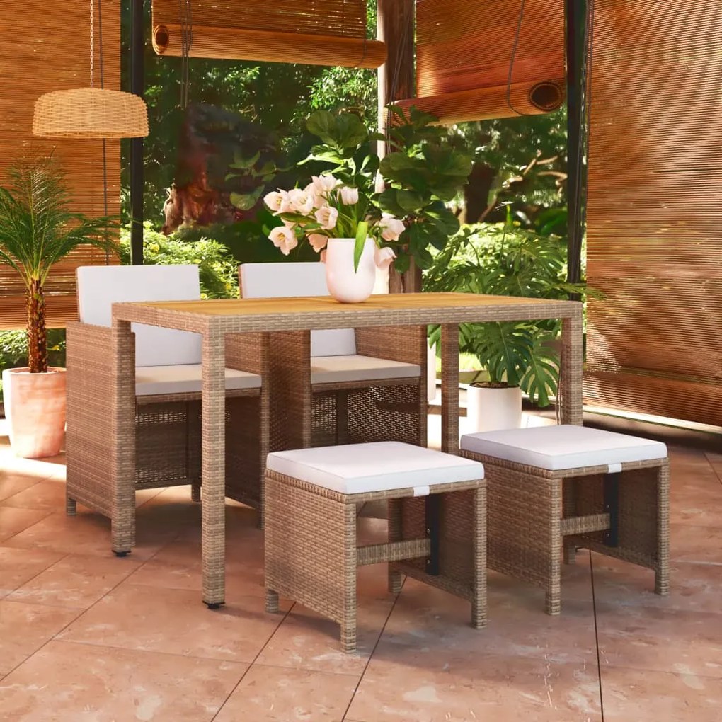 vidaXL 5 pcs conjunto jantar p/ jardim c/ almofadões vime PE bege