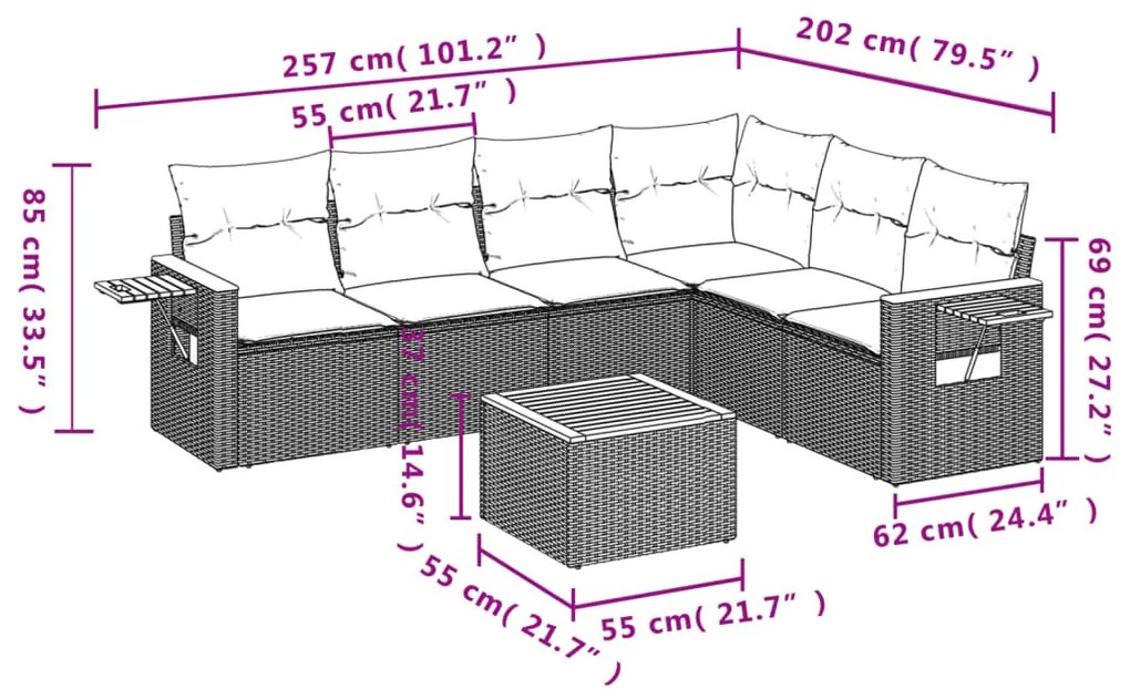 7 pcs conjunto de sofás p/ jardim c/ almofadões vime PE preto