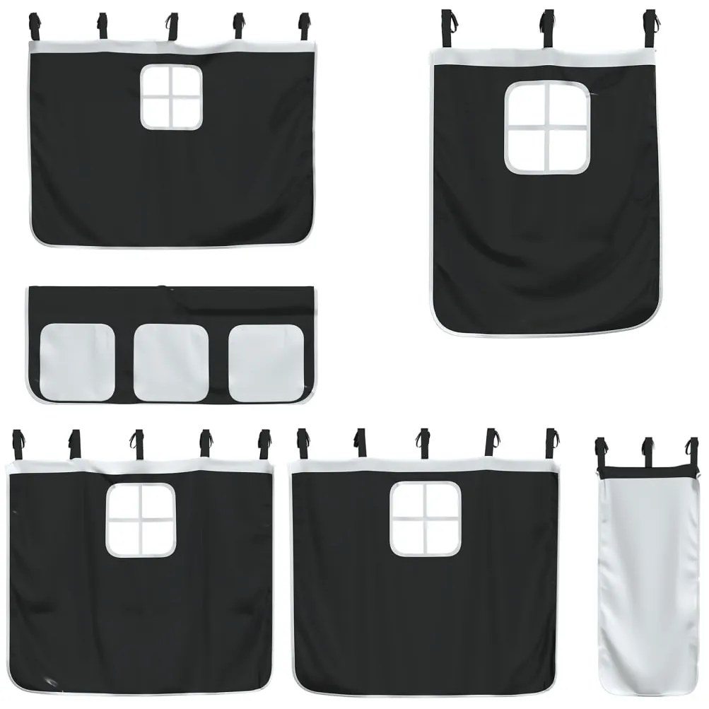 Cama alta criança c/ cortina 90x190cm pinho maciço branco/preto