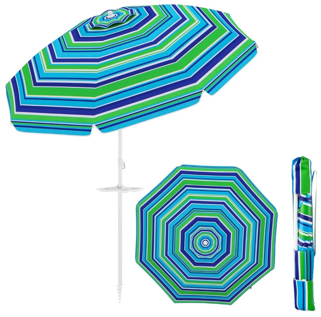 Guarda-sol de praia basculante portátil com suporte para copos e proteção solar UPF50+ para pátio exterior Piscina 2 x 2,2 m Azul+Verde